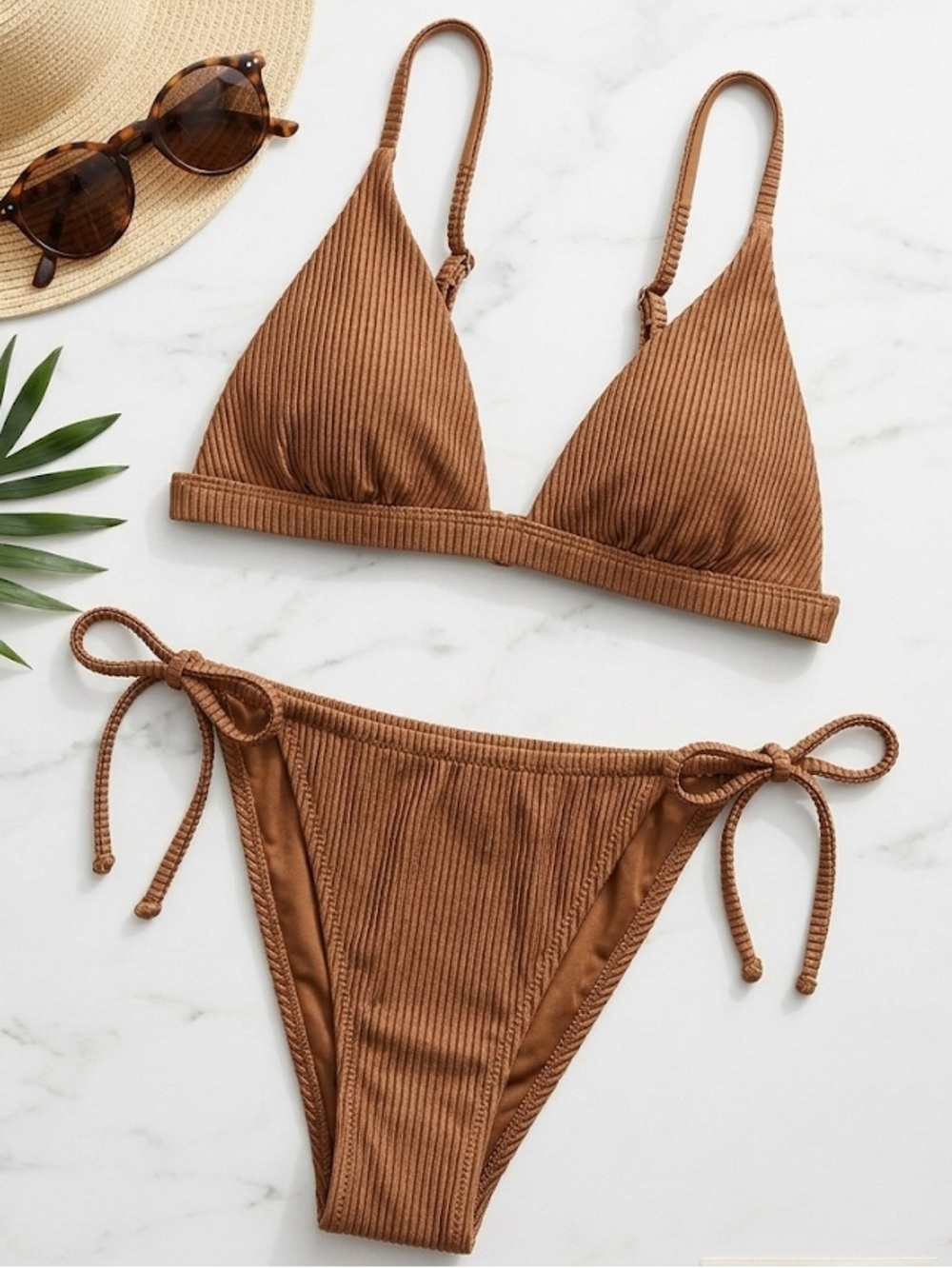 (NWOT!) AERIE- Ribbed Brown Tie-Side Bikini Set